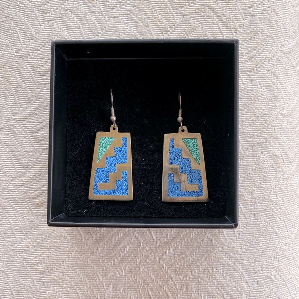 Rectangular Silver Geometric Boho Drop Earrings F… - image 1